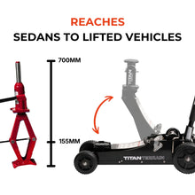 Load image into Gallery viewer, TITAN TERRAIN 3 TONNE RUGGED FLOOR JACK - HI LIFT HYDRAULIC TROLLEY JACK - BLACK