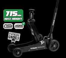Load image into Gallery viewer, TITAN TERRAIN 3 TONNE RUGGED FLOOR JACK - HI LIFT HYDRAULIC TROLLEY JACK - BLACK
